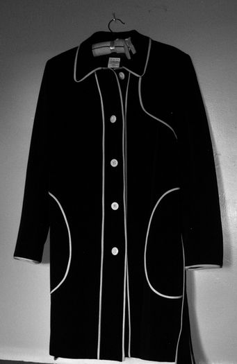 Harve Benard Raincoat, Womens Small, Black w White Piping, belted, knee-length