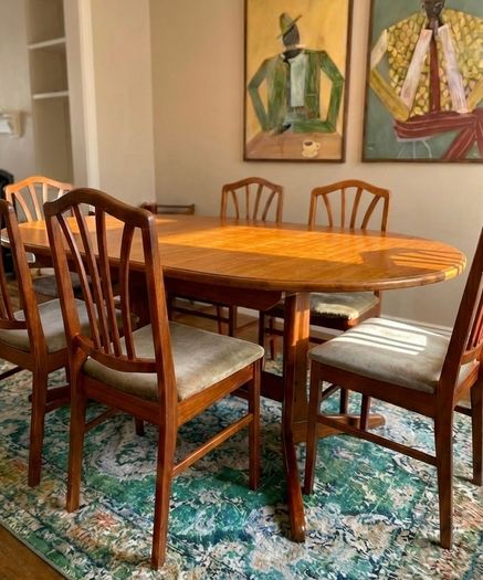 Mid Century Teak Dining Set Extendable Table + 6 Chairs
