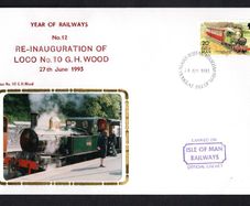 1993 Isle of Man Cover showing Year of Railways No 12 Re-inauguration of Loco No 10 GH Wood tying 20p definitive stamp