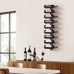 Wall Wine Rack for 9 Bottles, Metal Black & Wood Look - Hanging for Wall Mounting, Bottle Rack for Wine
