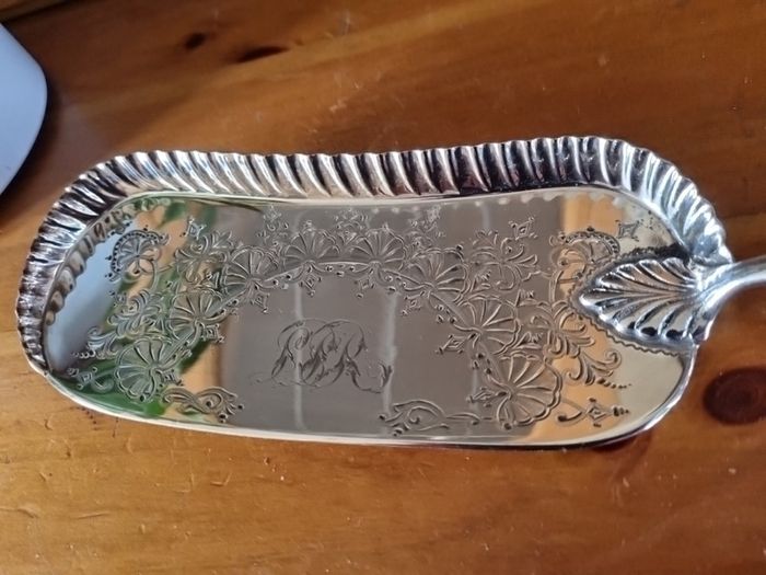 Impressive horn handled sterling silver crumbscoop