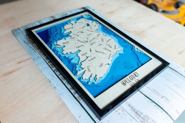 Handmade Wooden Map of Ireland - Layered Wood - Engraved with 32 Counties - Framed Wall Art