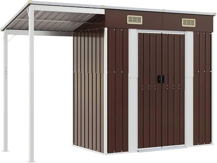 Garden Shed, Outdoor Storage Shed with Extended Roof, Tool Shed for Lawn Garage Yard, Metal Garden Storage Unit, Brown Steel