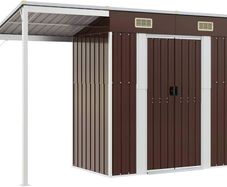 Garden Shed, Outdoor Storage Shed with Extended Roof, Tool Shed for Lawn Garage Yard, Metal Garden Storage Unit, Brown Steel