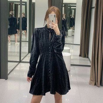 ZARA VELVET PRINTED Short dress with a high neck