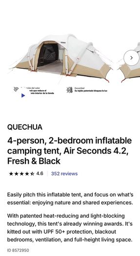 QUECHUA 4-person, 2-bedroom inflatable camping tent