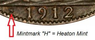George V 1912 Copper Penny "H" Mint Mark - F to VF Condition - 3.00 Euro Each