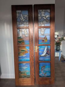 Vintage Stained Glass Doors (Pair):  Beautiful Coastal/Nautical Theme