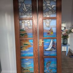 Vintage Stained Glass Doors (Pair):  Beautiful Coastal/Nautical Theme