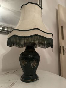 Vintage Green Ceramic Table Lamp with Fringed Shade, 65cm