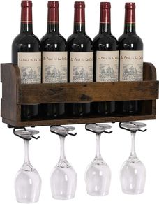 Wall Mounted Wood 5 Bottles Wine Rack with 4 Stemware Glass Holders, Vintage Wine Storage Display Shelf, for Kitchen, Dining Room, Bar,40x15x11cm,Rustic Brown