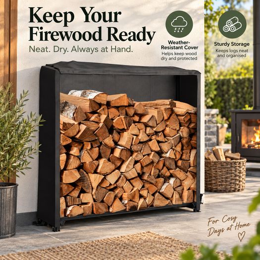 Firewood Log Storage Rack with Weatherproof Cover Indoor Outdoor Black Medium