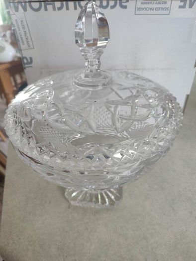 REAR  vintage GALWAY trinity knot  large Vintage Cut crystal pedestal bowl, heavy lead crystal and lid
