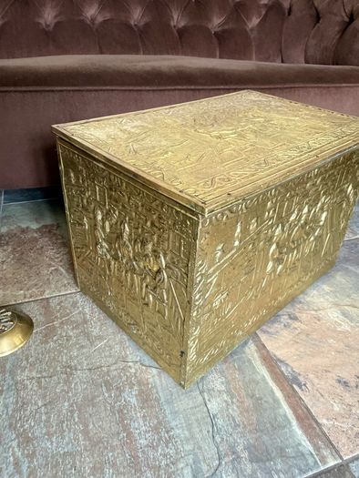 Ornate Brass Fireside Coal Box Embossed Tavern Scene