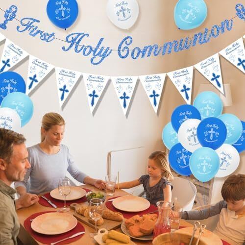 Holy Communion Decorations, First Communion Decorations Confirmation Decor,Blue Banner Pennant Bunting,Balloons,Cake Topper for Boys Christening Gifts
