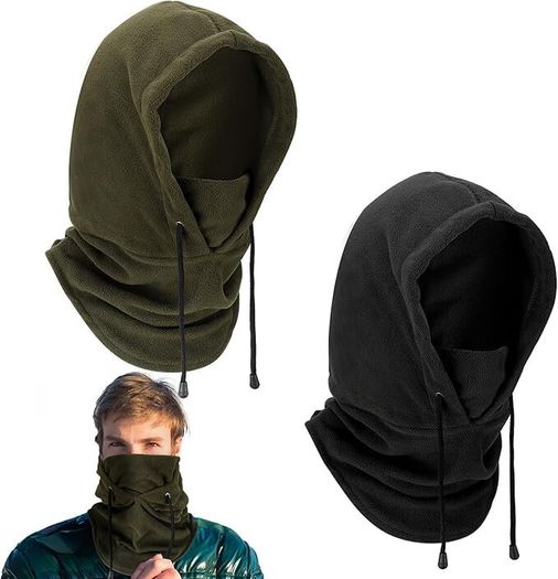 2 Pack Balaclavas for Men Winter, Black Army Green Polar Fleece Balaclava Ski Mask, Unisex Neck Warmer Snood, Heavyweight Windproof Hat with Neck Cover for Winter Outdoor Sports