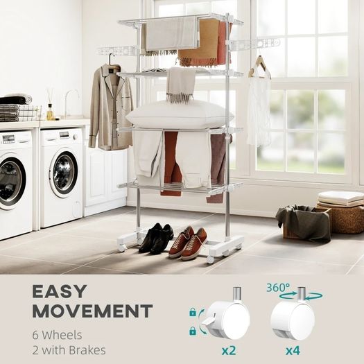 4-Layer Folding Cloth Rail, Adjustable Garment Rack with Wheels for Bedroom, Balcony, Silver