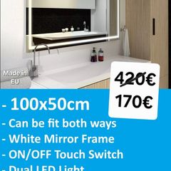 LED Bathroom Mirror Horizonatl Vertical Makeup Cosmetic Bright Made in EU Solid Cover White Frame