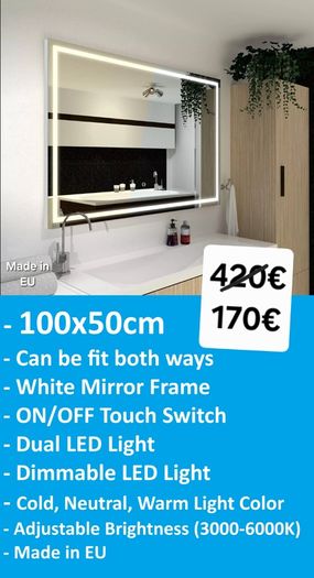 LED Bathroom Mirror Horizonatl Vertical Makeup Cosmetic Bright Made in EU Solid Cover White Frame