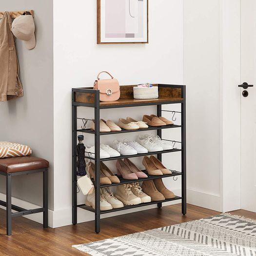 Shoe rack, 4 grid shelves, for 14 pairs of shoes, raised side edges, for sneakers, high heels, slippers, industrial style, vintage-brown-black