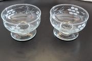 Vintage Etched Crystal Footed Dessert Bowls Pair Grapevine Leaf Design