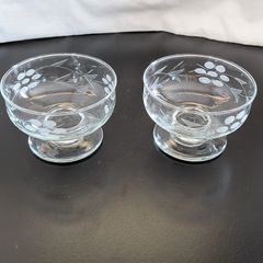 Vintage Etched Crystal Footed Dessert Bowls Pair Grapevine Leaf Design