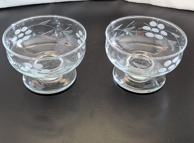 Vintage Etched Crystal Footed Dessert Bowls Pair Grapevine Leaf Design