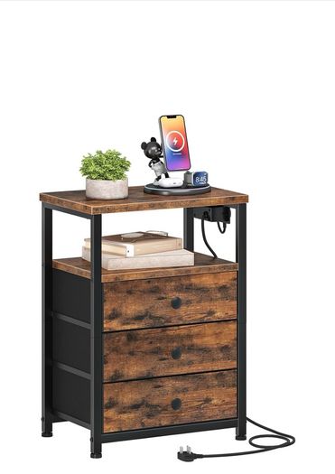 Bedside Table with Charging Station, End Table with 3 Fabric Drawers, Sofa Side Table with USB Ports and Socket, Nightstand for Bedroom, Living Room, Rustic Brown and Black