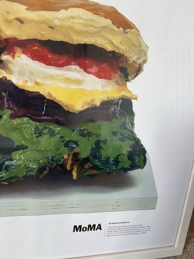 A Framed Print of Claes Oldenburg's iconic Pop Art sculpture "Two Cheeseburgers, with Everything (Dual Hamburgers)