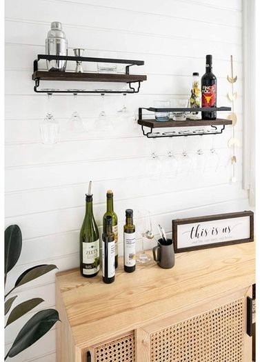 Wall Mounted Wine Shelves Set of 2 Wood Rustic Wine Bottle Glass Floating Racks with Stemware Hanger