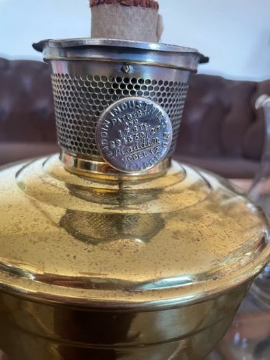 1930s40s Aladdin Model 12 Brass Table Mantle Oil Lamp with Fluted Glass Shade