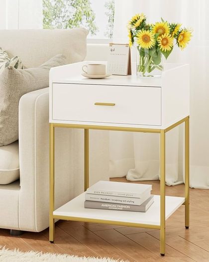Bedside Table, 3-Tier Bedside Cabinet with Storage Drawer and Open Shelf, Small End Side Table with Gold Legs for Bedroom, Living Room, White Large