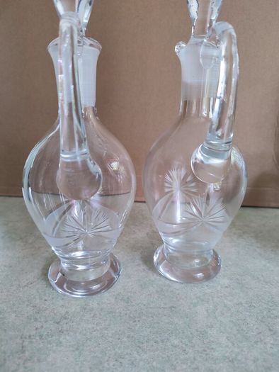 Vintage Hand Blown Cut Glass Set of 2 Small Glass Decanters for Oil and Vinegar or wine carafe.