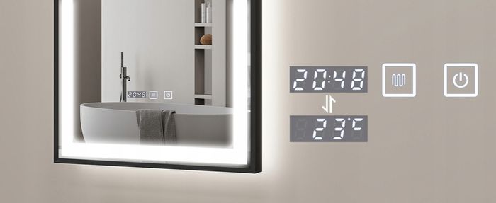 LED Bathroom Mirror Antifog Black Frame Digital Clock Temperature