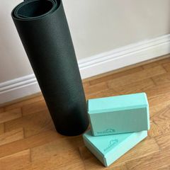 Yoga Mat with 2 Foam Yoga Blocks, Black and Mint