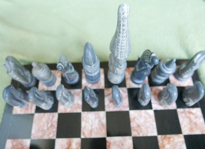 Vintage Marble Chess Board, 14 inch and Handcrafted African Soapstone Chess Set (king 6")