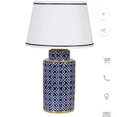 Large Ceramic Forino Blue Glazed Patterned Table Lamp with Shade