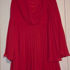 stunning red long and wide sleeve pleated midi dress from Boohoo
