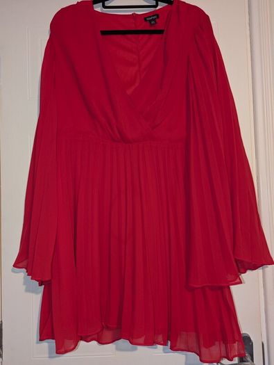 stunning red long and wide sleeve pleated midi dress from Boohoo