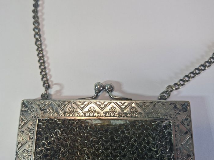 German silver chainmail mesh purse with floral clasp and chain strap