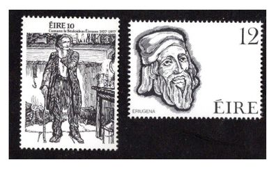 1977 Ireland Anniversaries: Golden Jubilee of the Folklore of Ireland Society (The Shanachie by Jack B Yeats and 1100th Anniversary of Death of Johannes Eriugena (Irish Philosopher) Commemorative Stamps Mint Never Hinged (MNH)