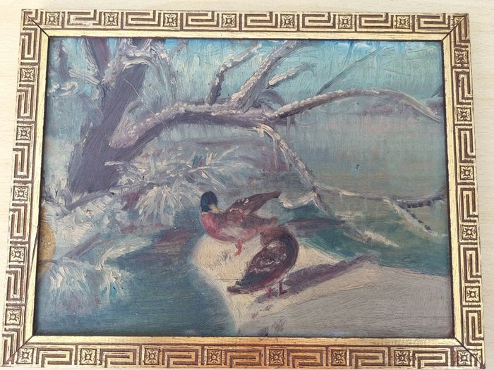 Vintage oil painting of ducks