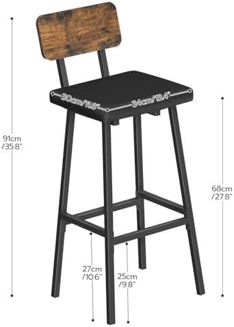 Bar Stools Set of 2, PU Upholstered Breakfast Bar Stools, Industrial Barstools with Backrest and Footrests, Bar Chairs for Kitchen, Dining Room, Bar, Rustic Brown and Black