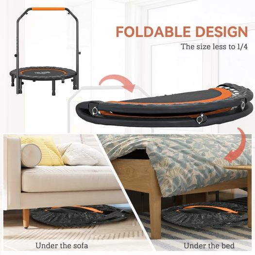 40" Foldable Mini Fitness Trampoline, with Adjustable Foam Handle, Orange