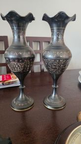 Vintage Indian Black Brass Vases (Pair) Hand Etched Floral / Peacock Design