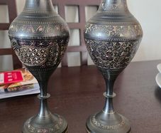 Vintage Indian Black Brass Vases (Pair) Hand Etched Floral / Peacock Design