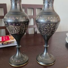 Vintage Indian Black Brass Vases (Pair) Hand Etched Floral / Peacock Design