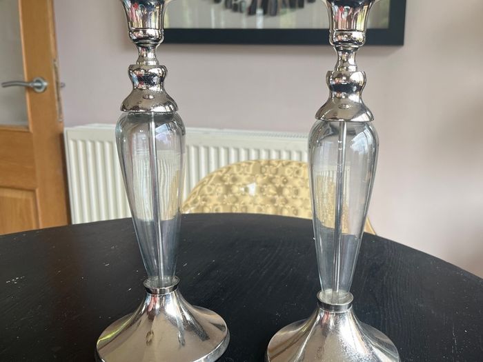 Pair of Laura Ashley silver & glass candlestick holders