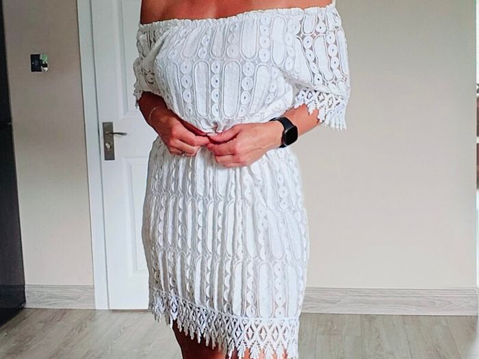 White mini off shoulder dress, size 10, Made in Italy