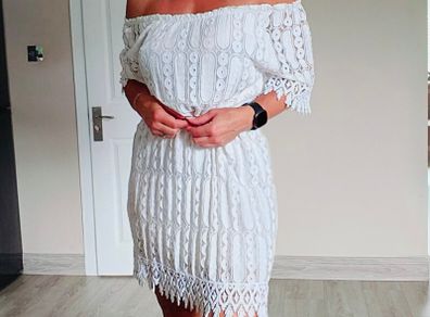 White mini off shoulder dress, size 10, Made in Italy